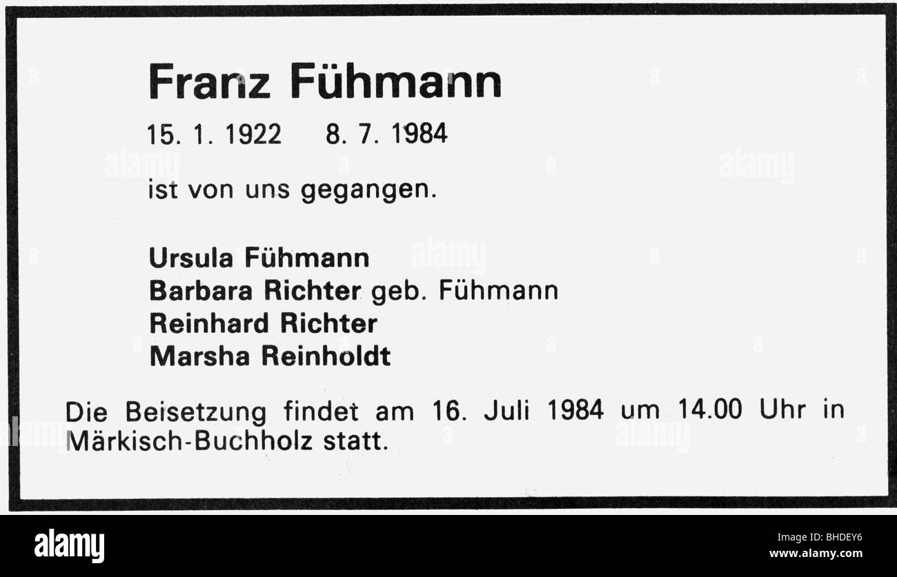 Fuehmann, Franz, 15.1.1922 - 8.7.1984, auteur/écrivain allemand de l'est, avis nécrologique, Banque D'Images