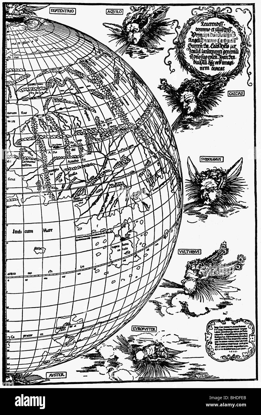 Cartographie, globes, hémisphère oriental, avec illustration des vents, coupe du bois, 1515, Banque D'Images