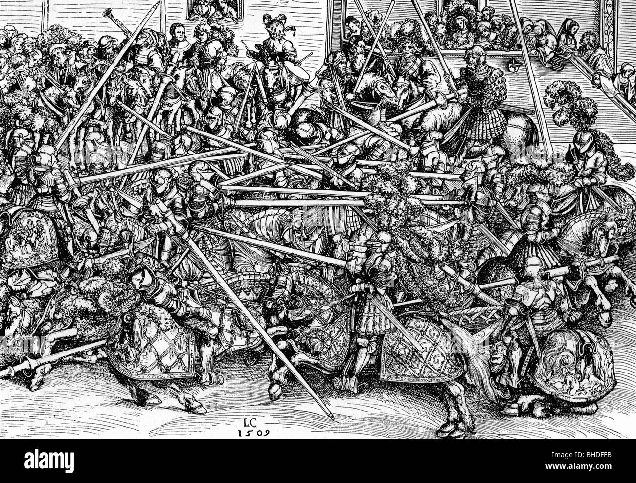 Âges moyens, chevaliers, tournoi, coupe de bois par Lucas Cranach The Elder, 1509, Banque D'Images
