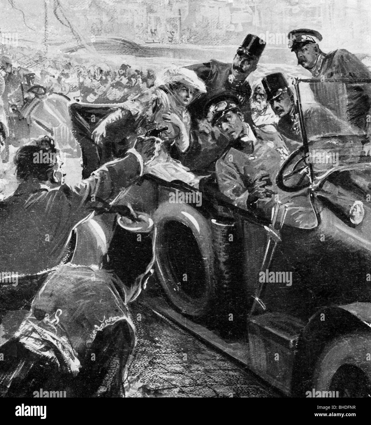 Francis Ferdinand, 18.12.1863 - 28.6.1914, Archiduke, héritier apparent de l'Autriche-Hongrie 30.1.1889 - 28.6.1914, assassinat à Sarajevo, assassinat à Gavrilo Princip fusillade à Franz Ferdiand et à son épouse Sophie Chotek, dessin de Felix Schwormstadt, XXe siècle, Banque D'Images