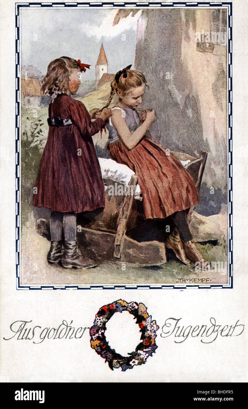 Les gens, les enfants, les filles, les cheveux tressés de fille, carte postale photo après la peinture de Gottlieb Theodor Kempf von Harenkampf, estampillé 1918, Banque D'Images