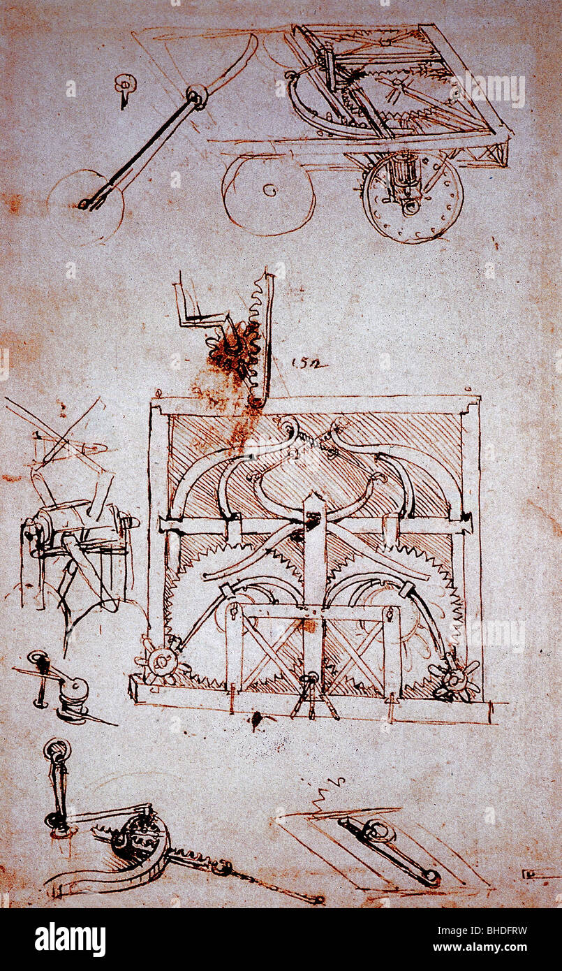 Leonardo da Vinci, 15.4.1452 - 2.5.1519, peintre italien, sculpteur, étude technique, concept d'automobile, vers 1478 - 1480, dessin au stylo, Banque D'Images
