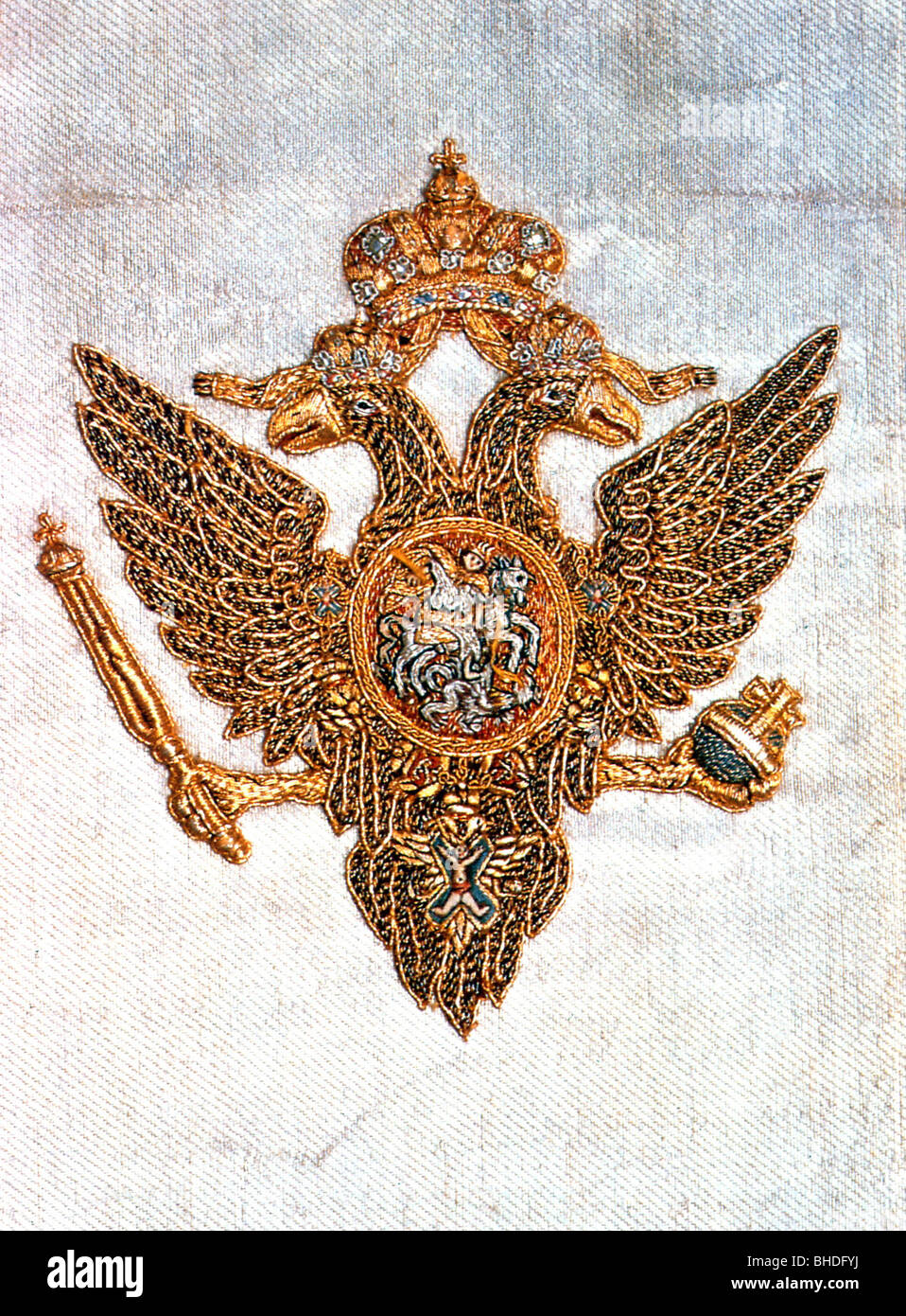 Heraldry, armoiries, Russie, aigle à double tête, broderies dorées, vers le XIXe siècle, historique, historique, aigle à deux têtes, double, regalia, insigne impérial, couronne, Banque D'Images