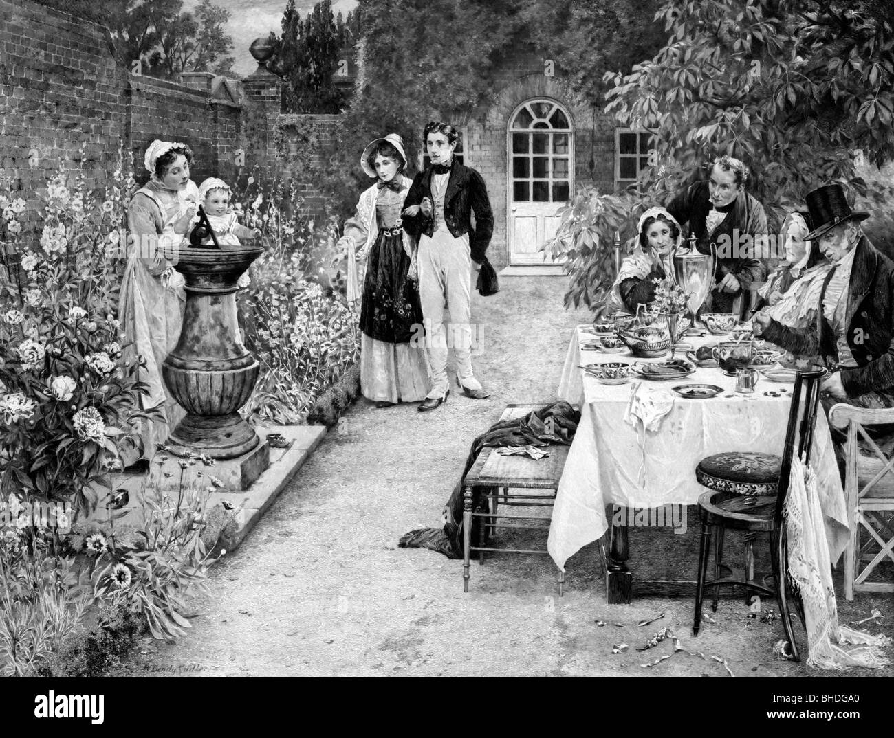 Comme les années passent - Personnes dînant dans jardin, circa 1900 Banque D'Images