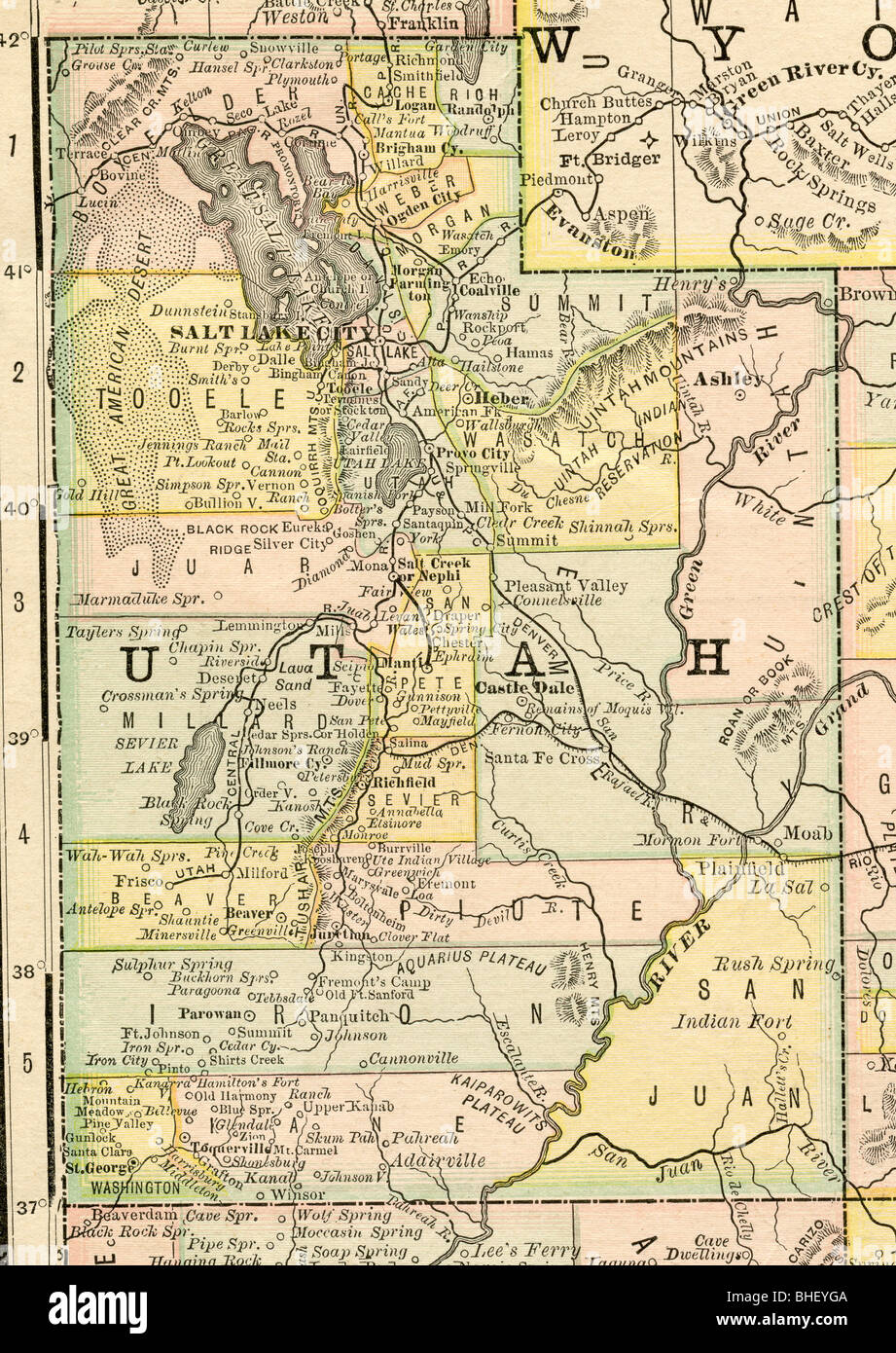 Ancien site de l'Utah dans la manuel de géographie originale, 1884 Banque D'Images