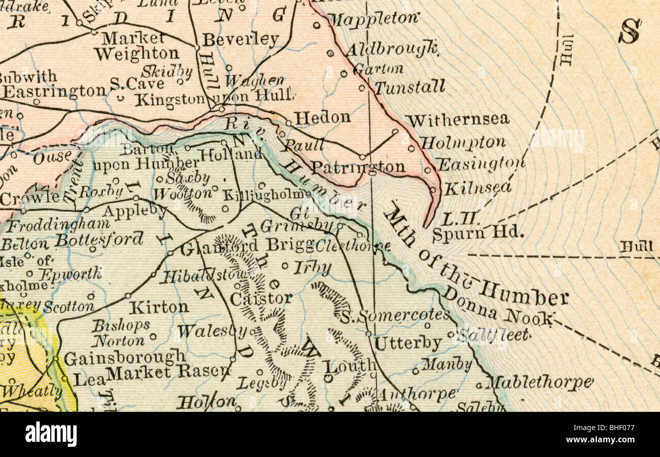 Carte ancienne de l'embouchure de la rivière Humber, manuel de géographie à partir de l'original, 1884 Banque D'Images