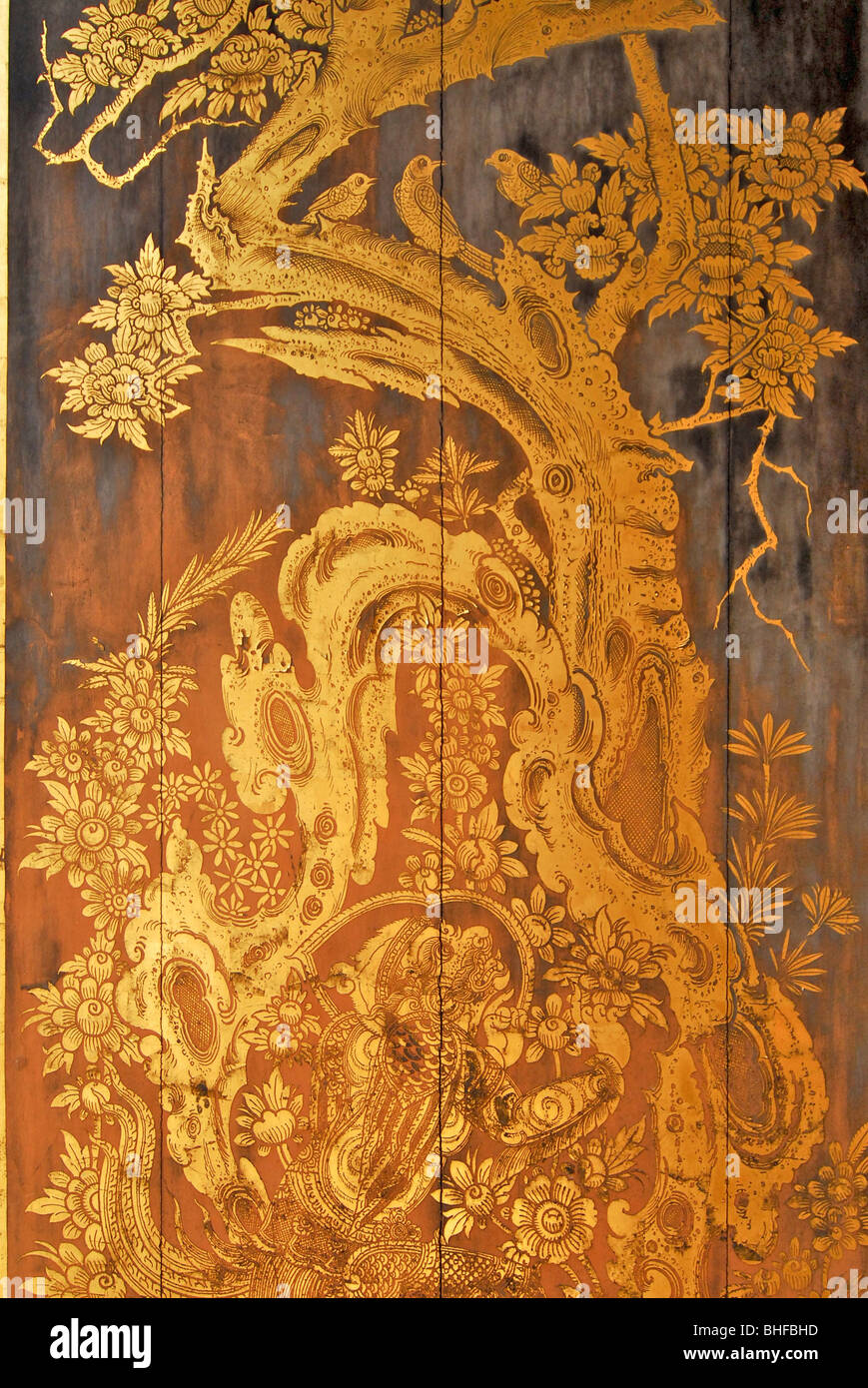 La peinture d'or sur des volets de bois Musée national de Bangkok, Wang Na Palast, Thailande, Asie Banque D'Images