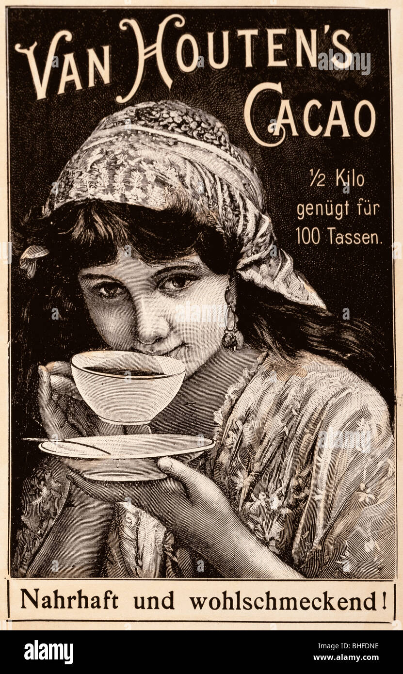 Publicité, boissons, cacao, étiquette adhésive de la société Van Houten, gravure sur bois, Allemagne, vers 1900, Banque D'Images