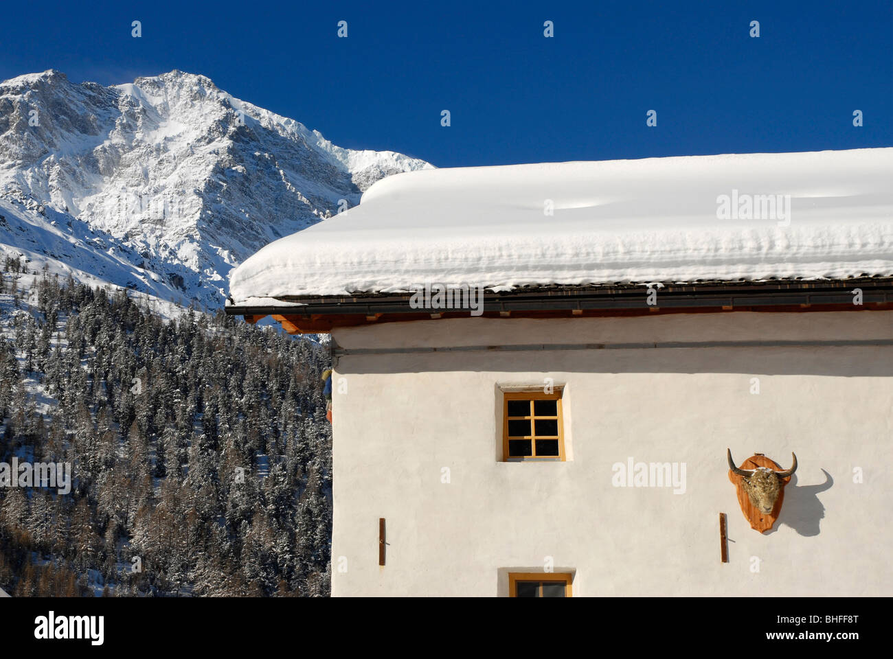 Le guesthouse Yak & Yeti en face de montagnes de neige au soleil, Sulden, Val Venosta, Tyrol du Sud, Italie, Europe Banque D'Images