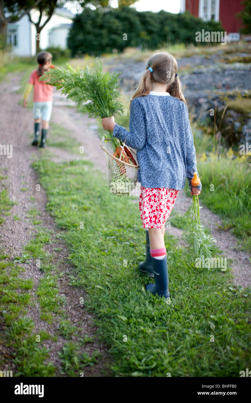 Deux jeunes filles (6-9 ans) avec des carottes fraîches, Basse-Saxe, Allemagne Banque D'Images