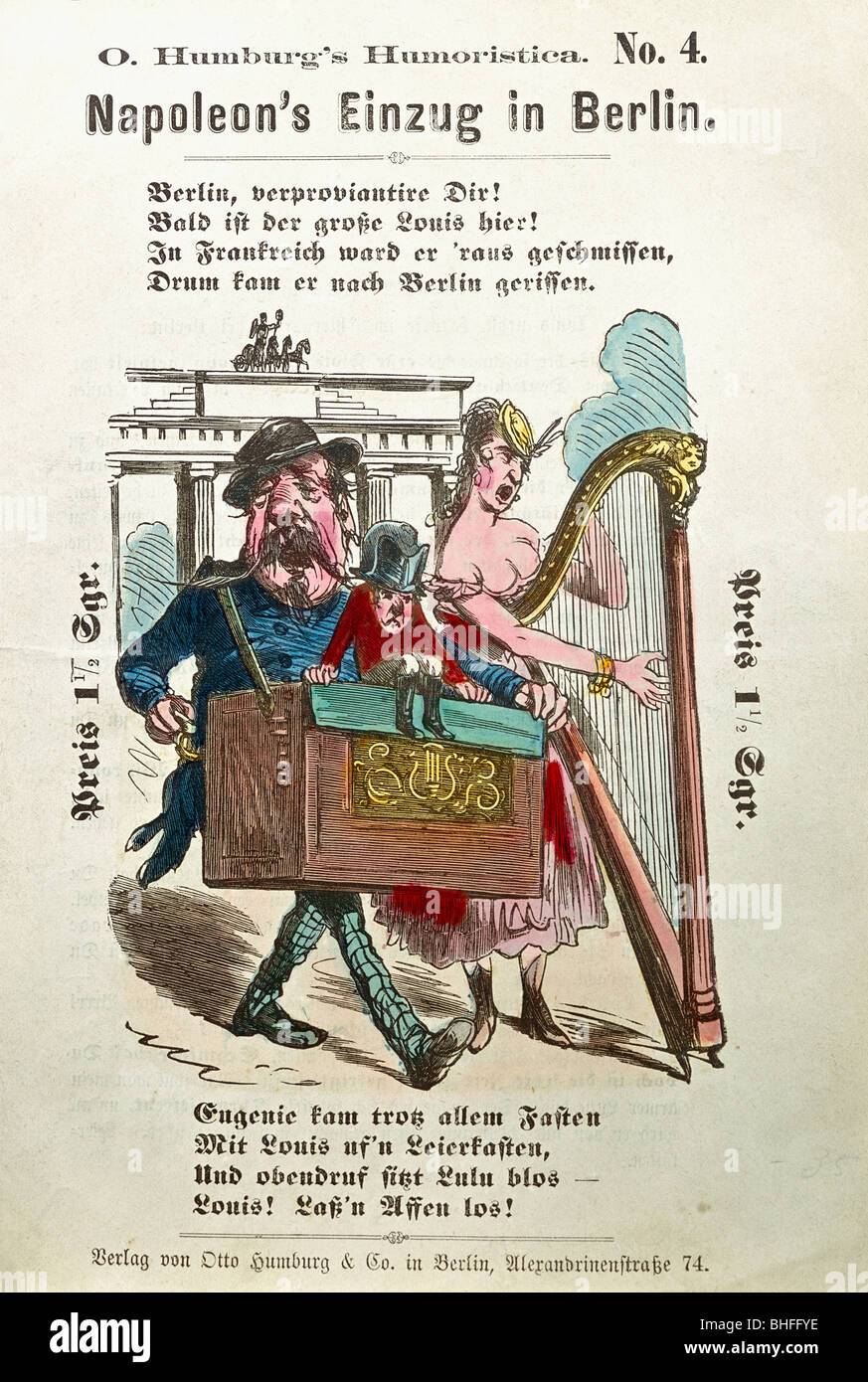 Événements, guerre franco-prussienne 1870 / 1871, dépliant satirique 'Napoléon's Einzug à Berlin', coupe du bois, coloré, publié par O. Humburg, Berlin, Banque D'Images