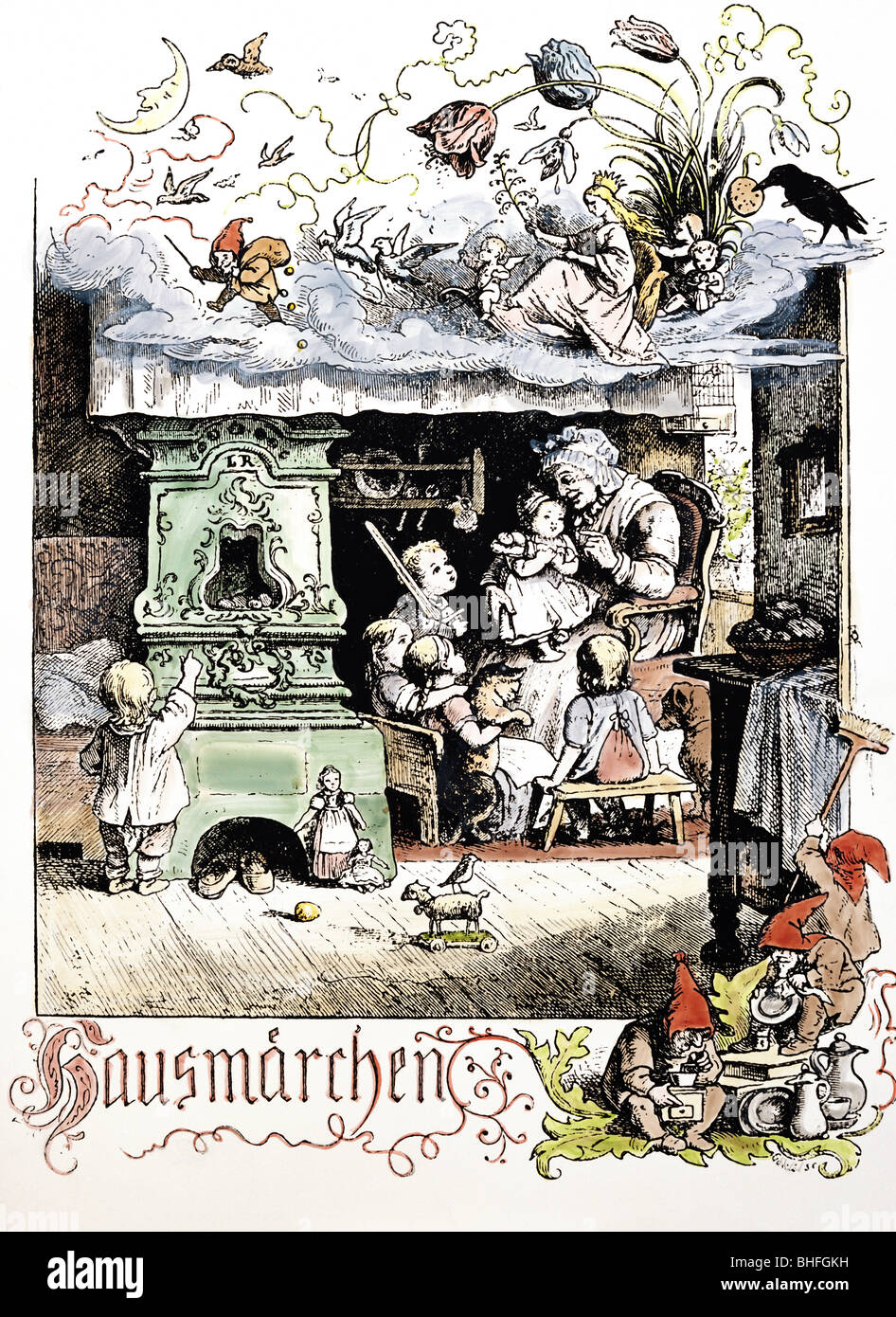 Littérature, contes de fées, frères Grimm, 'Hausmärchen', titre, lithographie colorée de Ludwig Richter, Allemagne, 1850, Banque D'Images