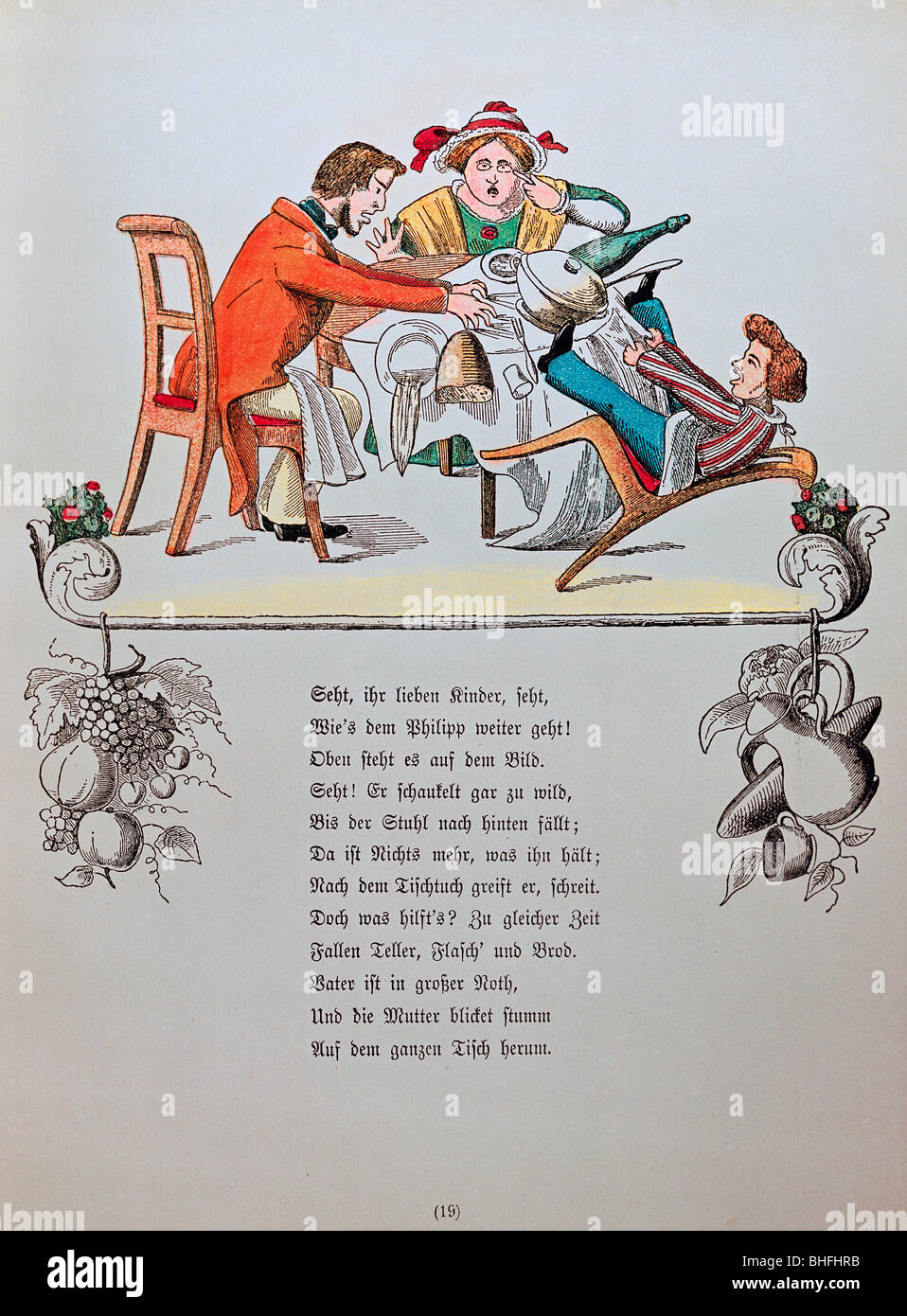 Littérature, 'Die Geschichte vom Zappel-Philipp' (The Story of Fidgety Philip), illustration de Heinrich Hoffmann, édition anniversaire, Francfort, 1876, Banque D'Images