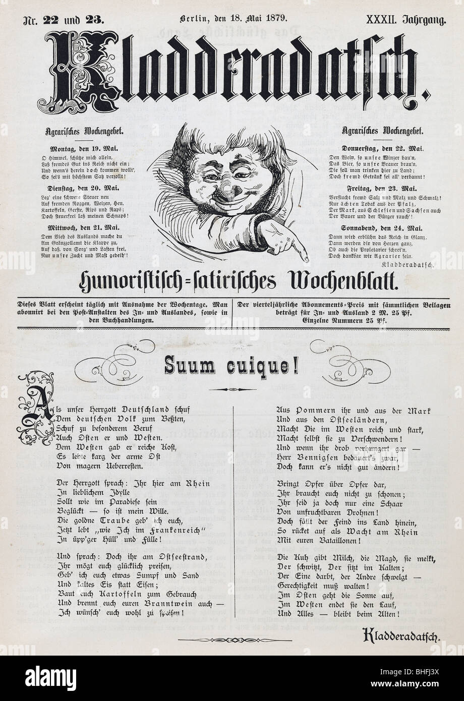 Littérature, journaux et magazines, 'Kladderadatsch', revue hebdomadaire politique - satirique, fondée par David Kalisch, R. Hofmann, couverture no 22 / 23, Berlin, 18.5.1879, Banque D'Images