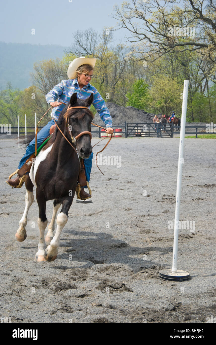 Photo du cavalier au cheval en passant par les pôles au cours d'une compétition. Banque D'Images