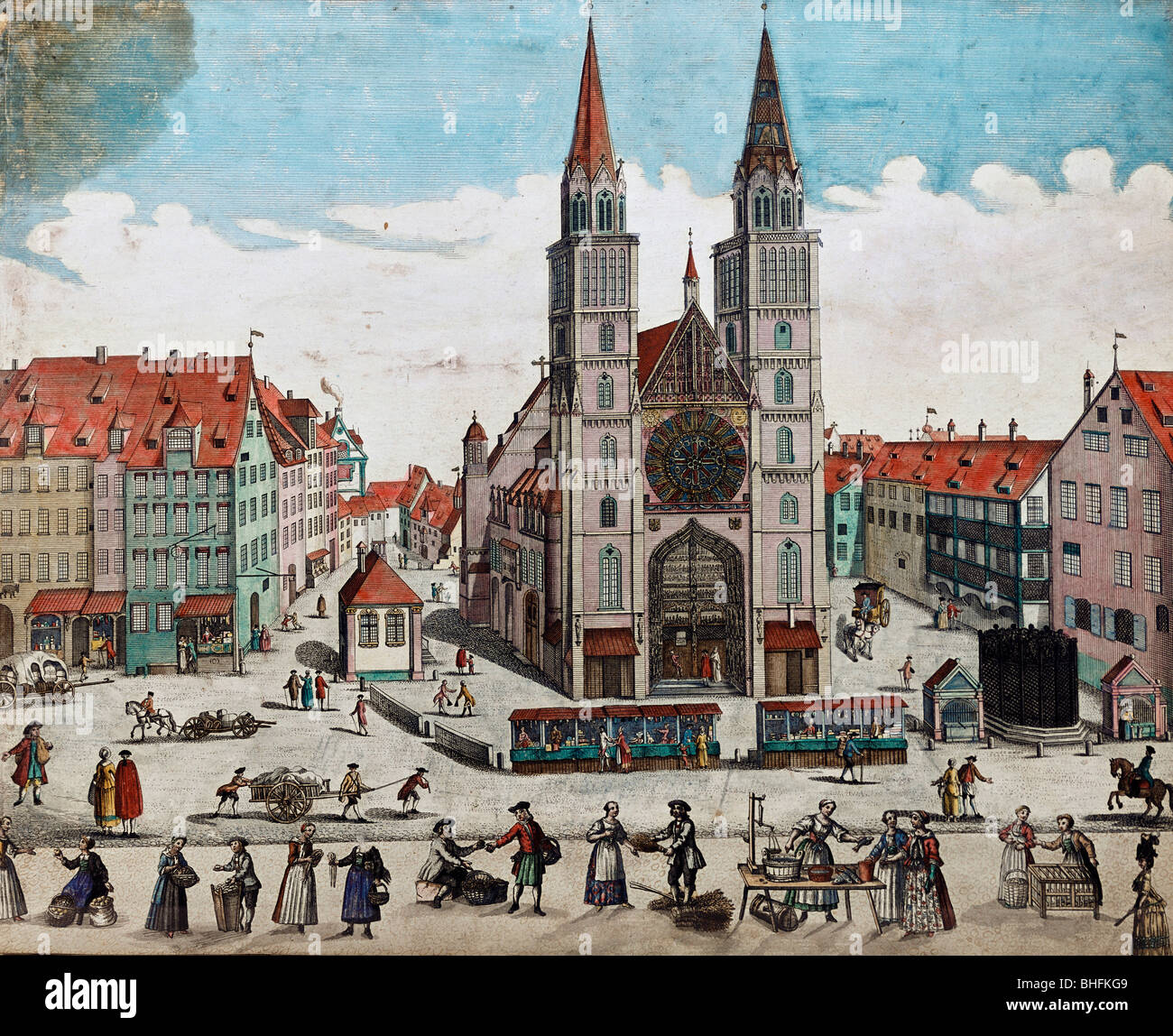 Commerce, marchés, marché dans une ville du sud de l'Allemagne, collage avec gravure en cuivre, vers 1760, Banque D'Images