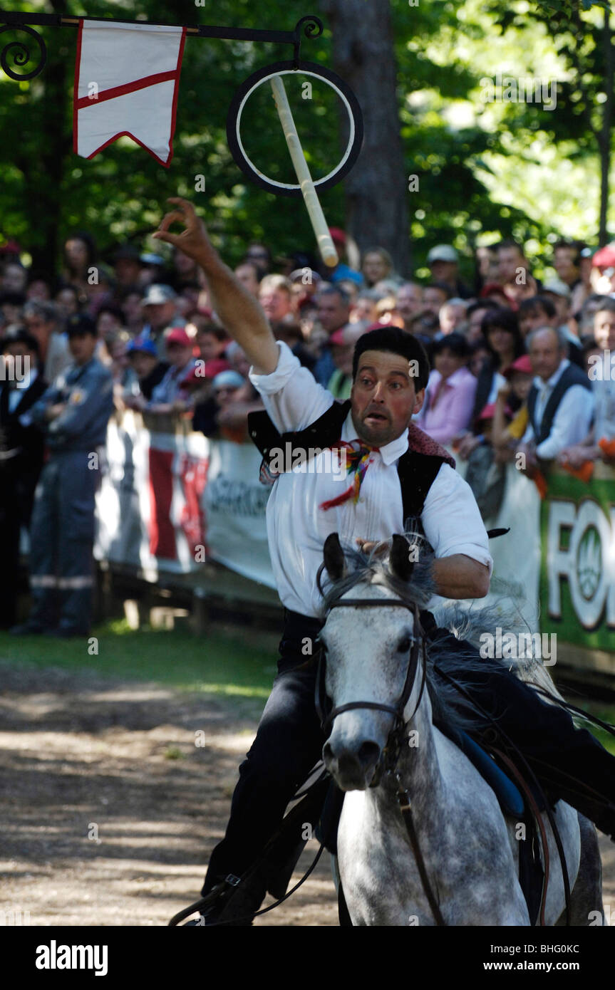 Un homme sur son cheval à un galopping horse show devant spectateurs, le Tyrol du Sud, Italie, Europe Banque D'Images