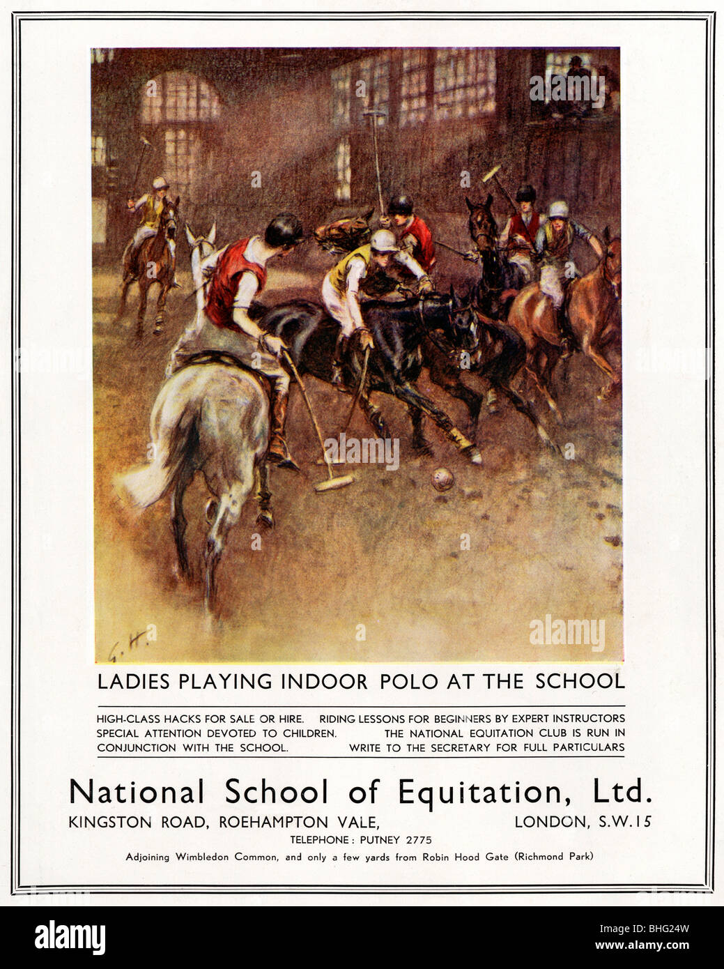 Ecole nationale d'Equitation, 1931 publicité pour l'école d'équitation à Roehampton, chers à l'intérieur jouant polo Banque D'Images