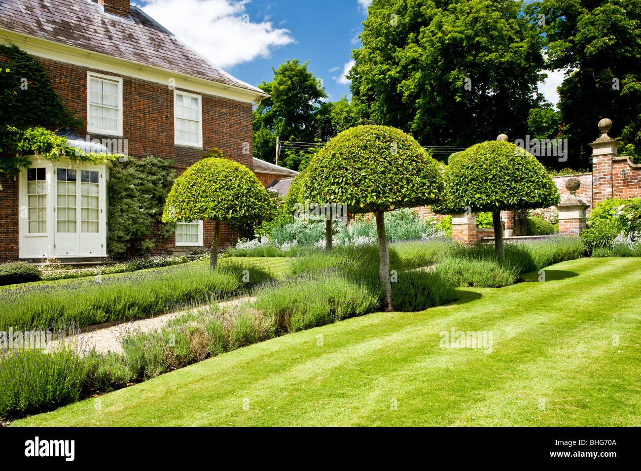 Topiary et un chemin bordé de lavande, en face d'une grande maison de campagne sur une journée ensoleillée en Angleterre, Royaume-Uni Banque D'Images