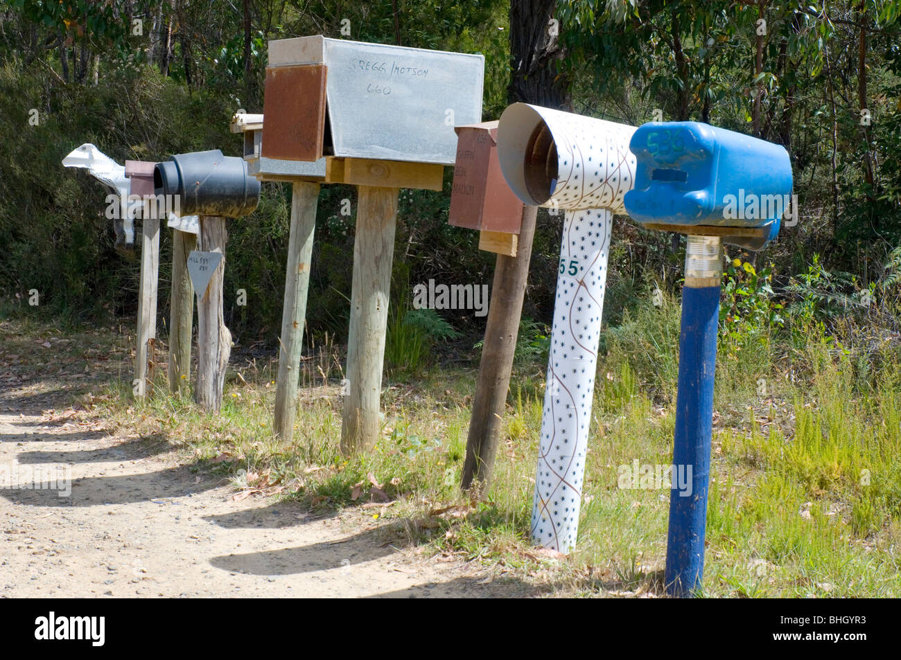 Les boîtes de courrier rural, Bruny Island, Tasmanie, Australie Banque D'Images