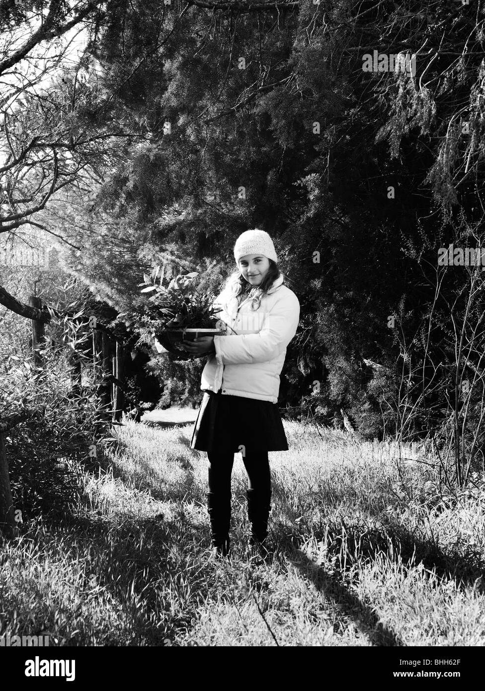 Un girl picking des herbes dans un panier, de l'Italie. Banque D'Images
