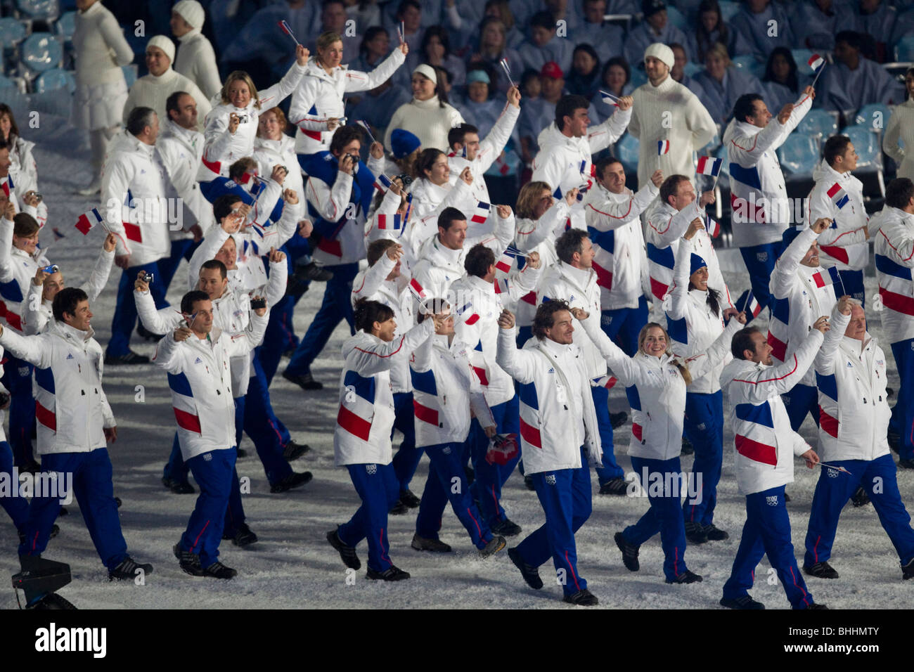 Les athlètes français marching in aux cérémonies d'ouverture des Jeux Olympiques d'hiver de 2010, Vancouver, Colombie-Britannique. Banque D'Images