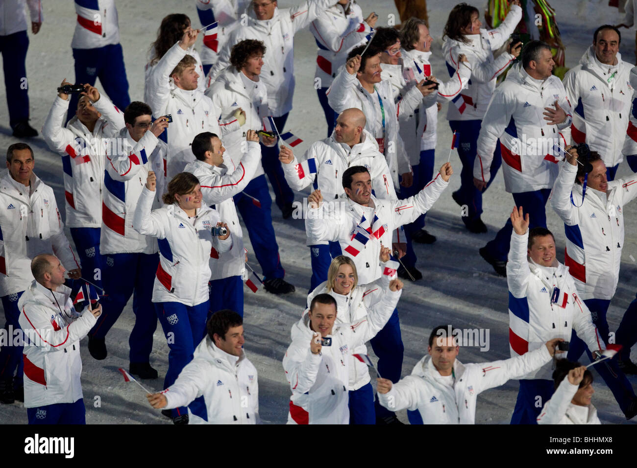 Les athlètes français marching in aux cérémonies d'ouverture des Jeux Olympiques d'hiver de 2010, Vancouver, Colombie-Britannique. Banque D'Images