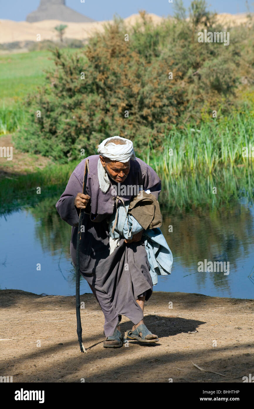 Vieil homme marcher de travers avec stick, dashur, Egypte Banque D'Images