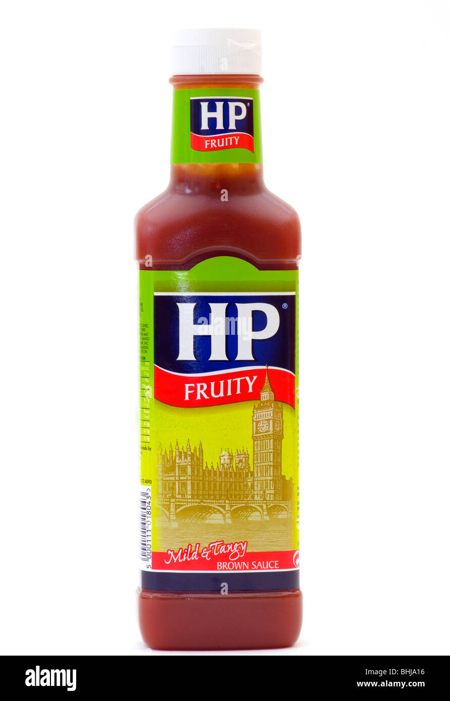 Une bouteille de sauce brune fruitée HP isolé sur fond blanc Banque D'Images