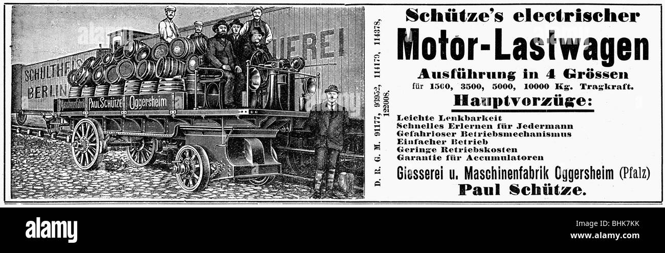Publicité, voitures, camion à moteur électrique de Schuetze, Oggersheim, annonce, 'Fliegende Blaetter', 1900, , Banque D'Images