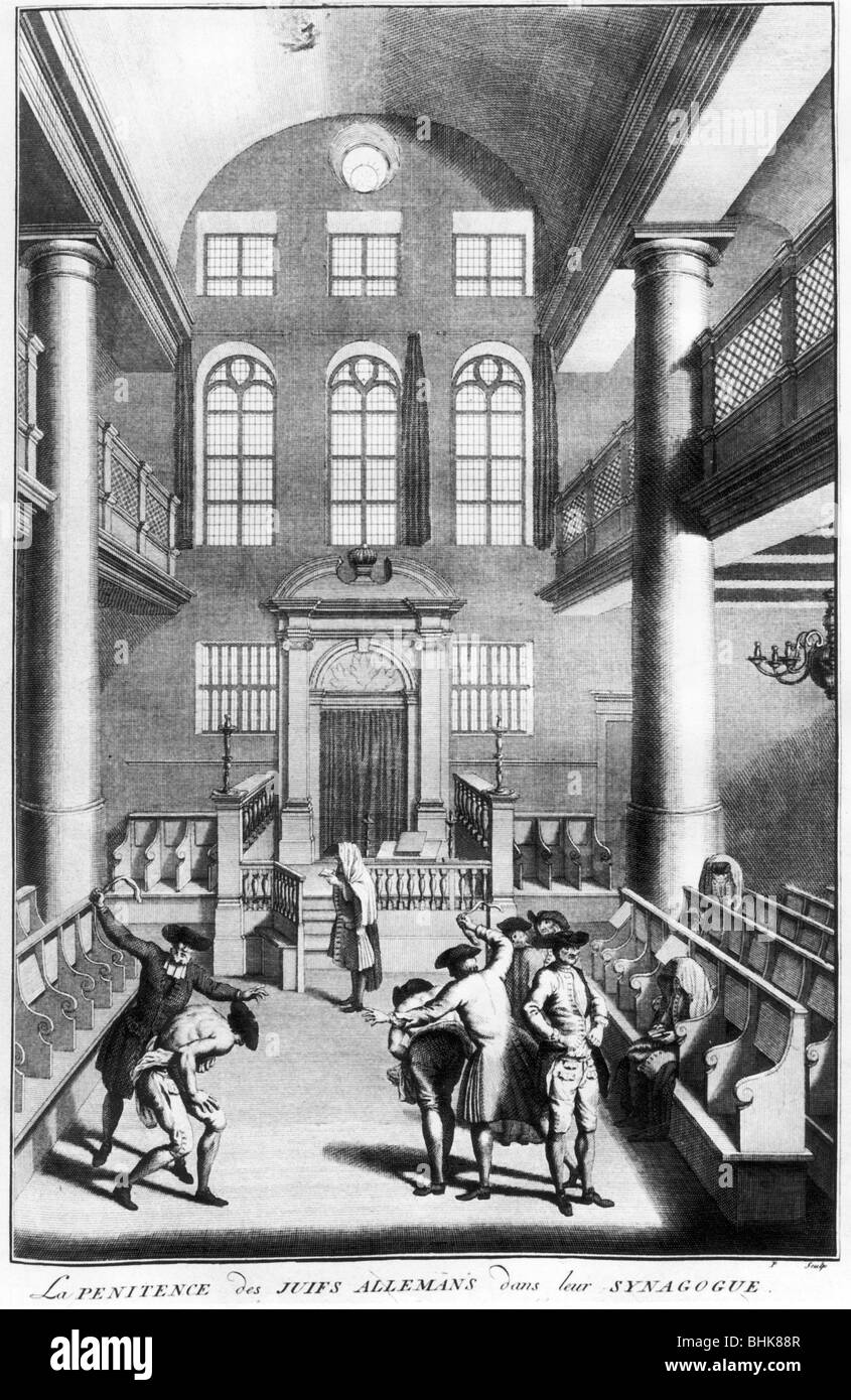 Flagellation à Yom Kippour, le Jour des Expiations, début du 18e siècle. Artiste : Bernard Picart Banque D'Images