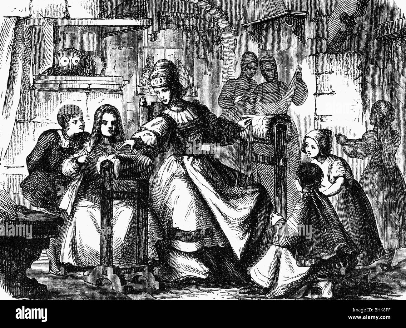 Uttmann, Barbara, 1514 - 15.10.1575, femme d'affaires allemande, enseignement pour faire de la dentelle de bobine, gravure sur bois, XIXe siècle, , Banque D'Images