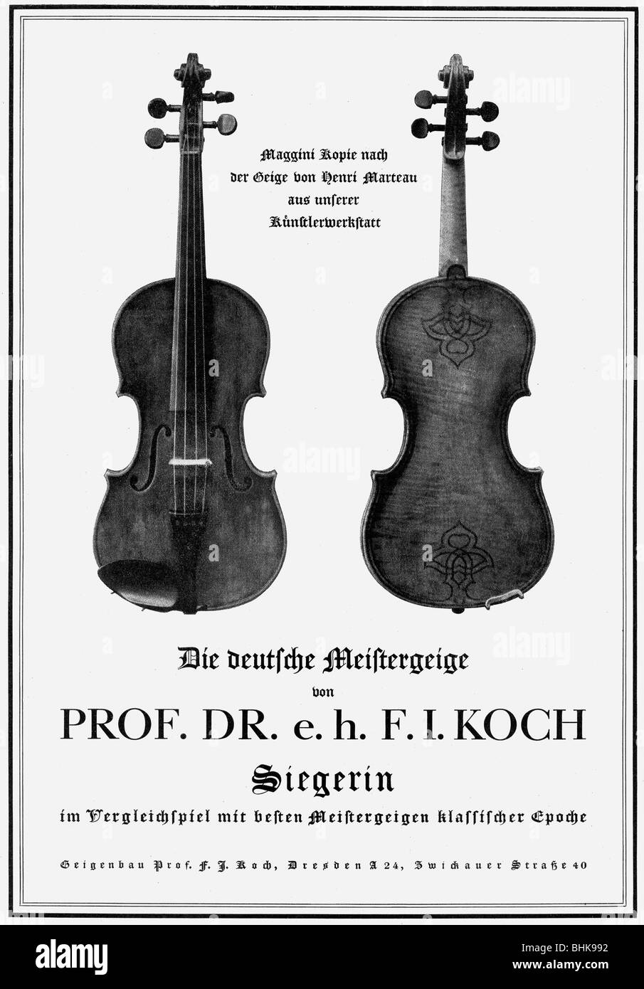 Publicité, musique, violons, Professeur F. I. Koch, Dresde, annonce, 'Atlantis', septembre 1936, Banque D'Images