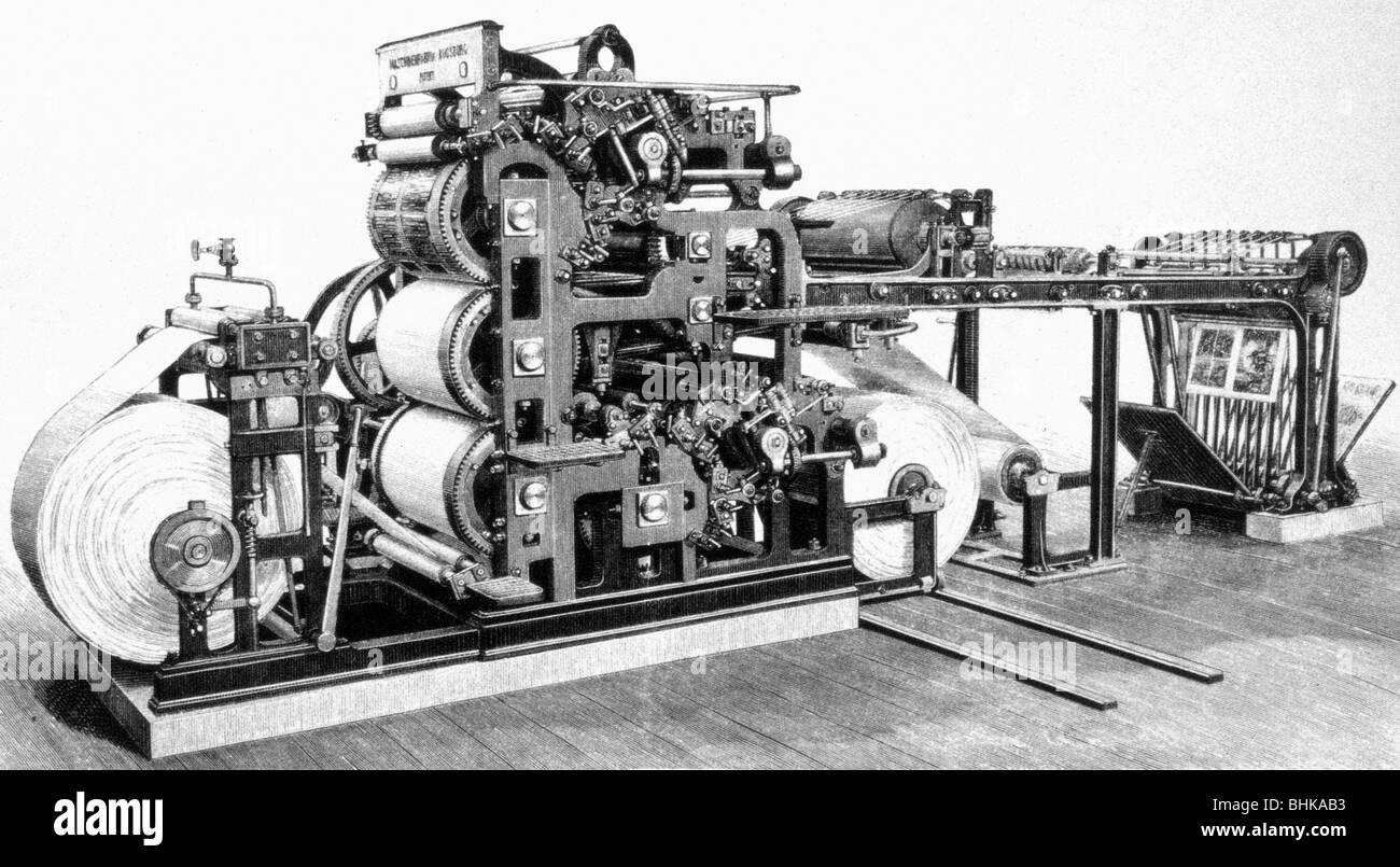 Technics, presse à imprimer, presse à imprimer rotative d'illustration, Maschinenfabrik Augsburg AG, 1879, Banque D'Images