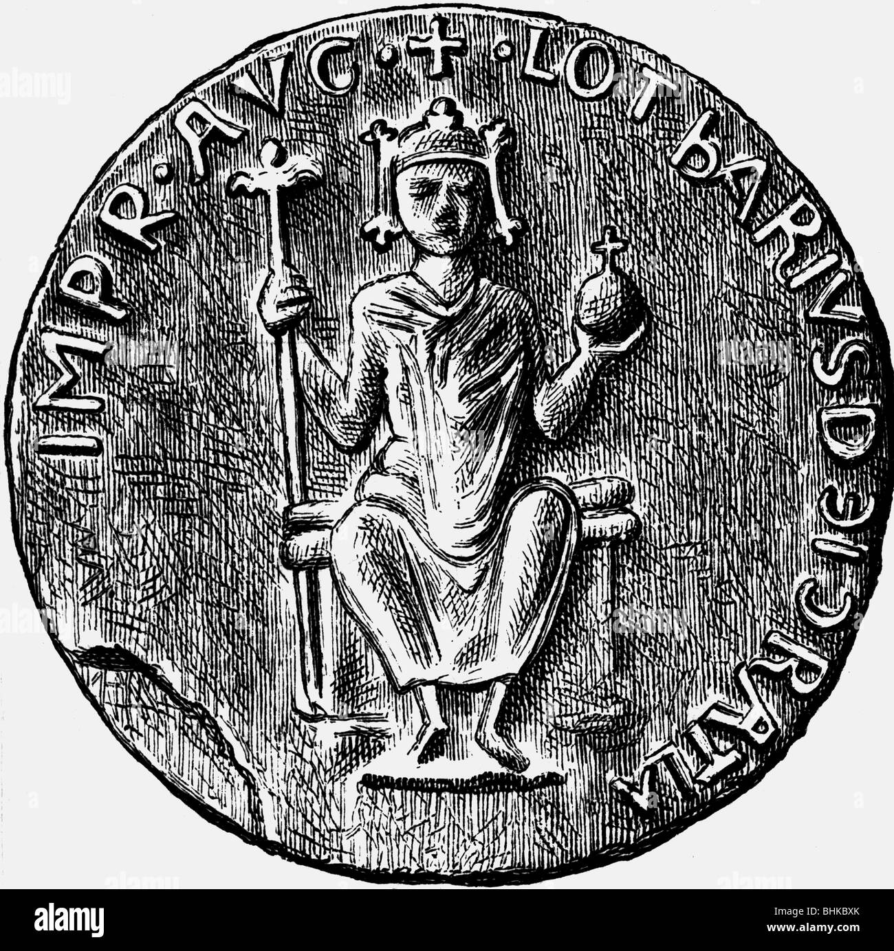 Lothair III, juin 1075 - 4.12.1137, empereur romain Saint 4.6.1133 - 4.12.1137, phoque impérial, gravure sur bois, XIXe siècle, , Banque D'Images