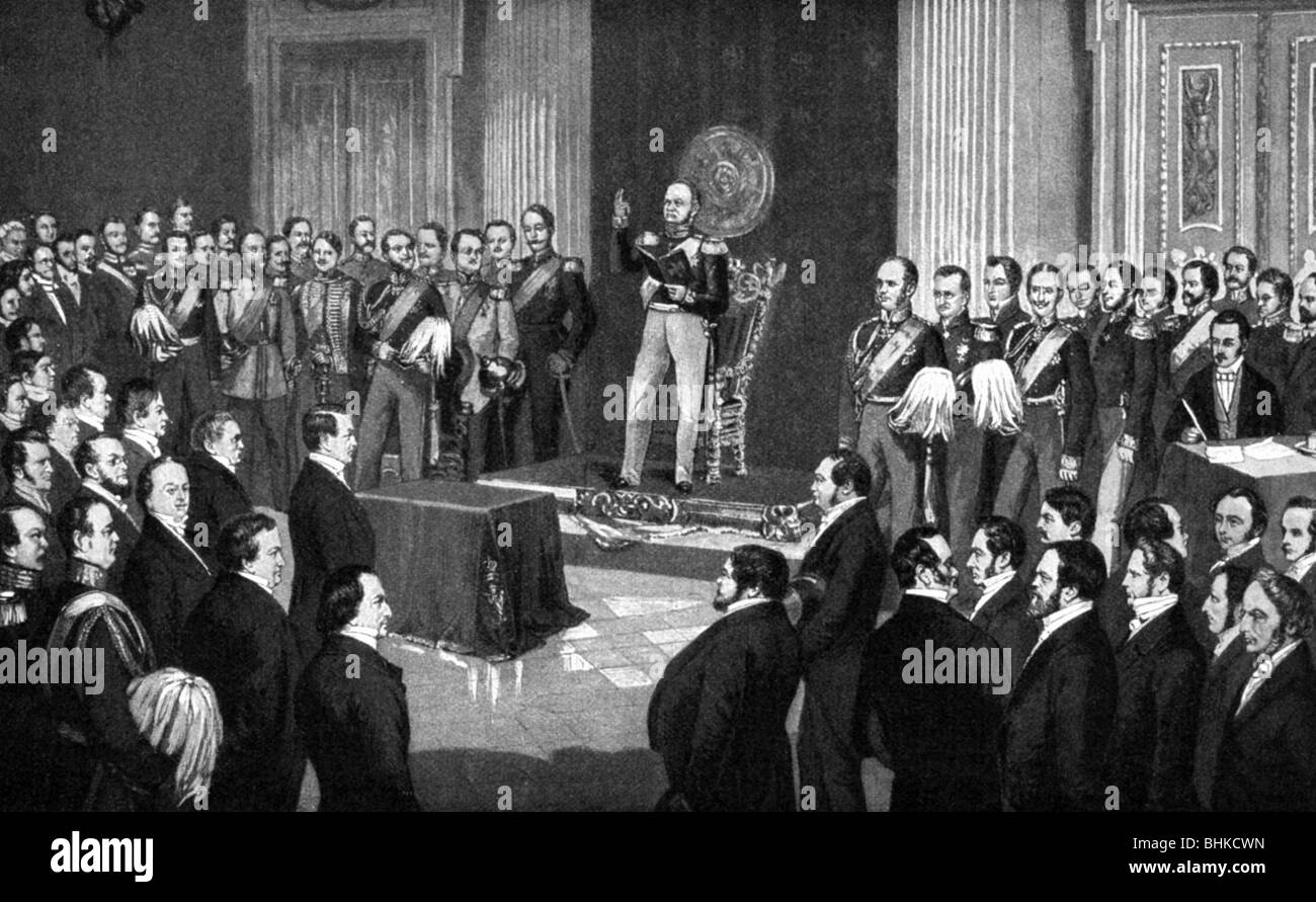 Frederick William IV, 15.10.1795 - 2.1.1861, roi de Prusse 7.6.1840 - 26.10.1858, serment d'assermentation sur la constitution, 6.2.1850, gravure sur bois après Paul Buerde, 19ème siècle, , Banque D'Images