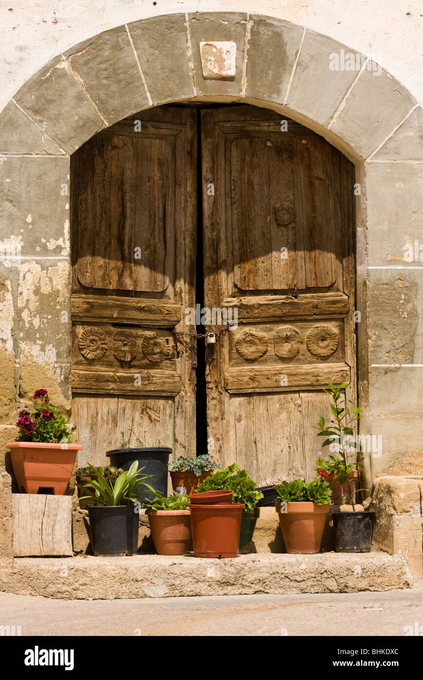 Vieille porte en bois et l'entrée au bâtiment avec des plantes en pot, Las Penas de Riglos, Province de Huesca, Aragon, Espagne Banque D'Images