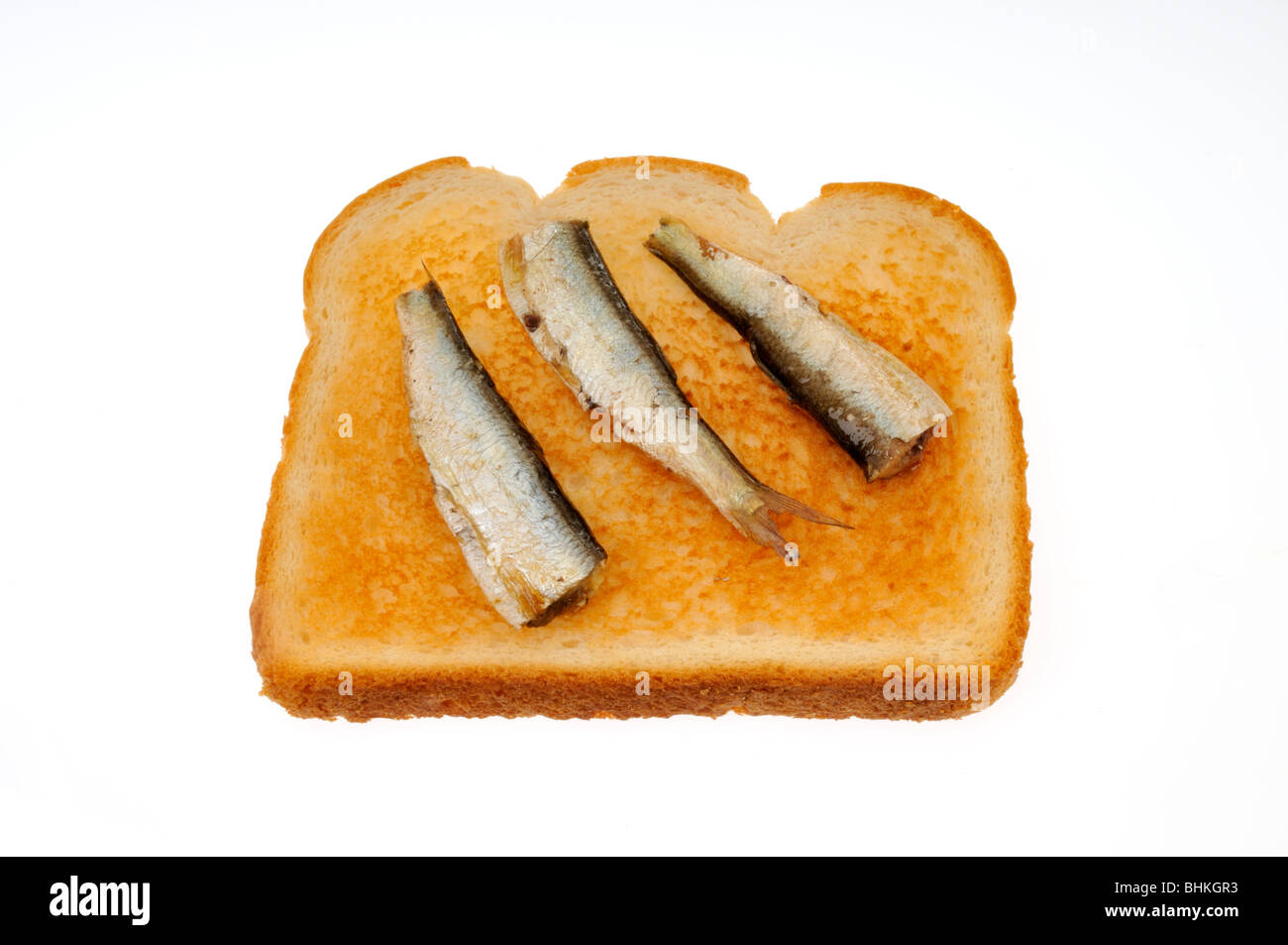 Sardines sur pain grillé sur fond blanc. Décoration Banque D'Images