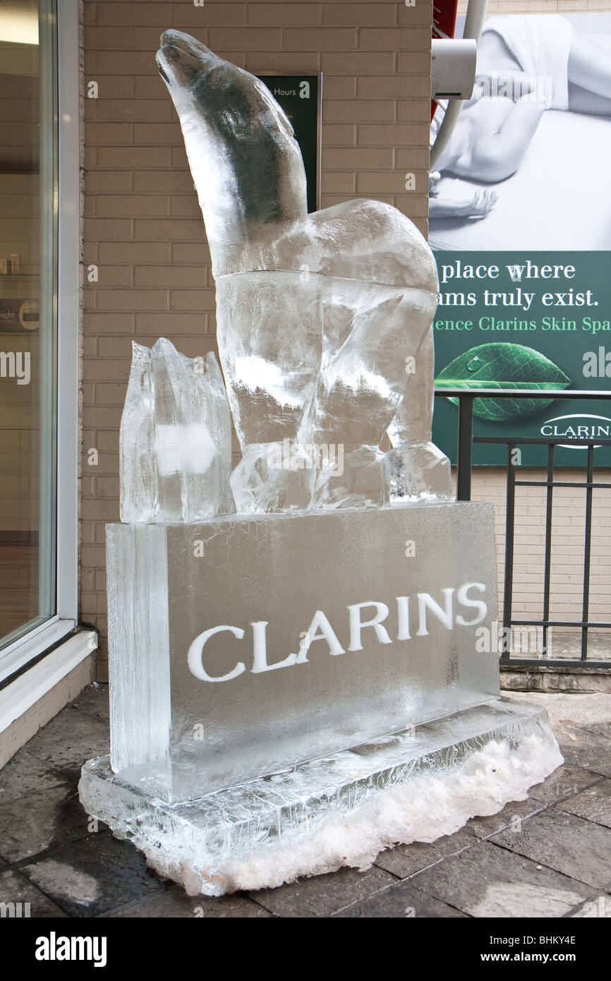 Une vue rapprochée de la sculpture de glace pour Clarins, l'un des sponsors 2010 icefest Banque D'Images