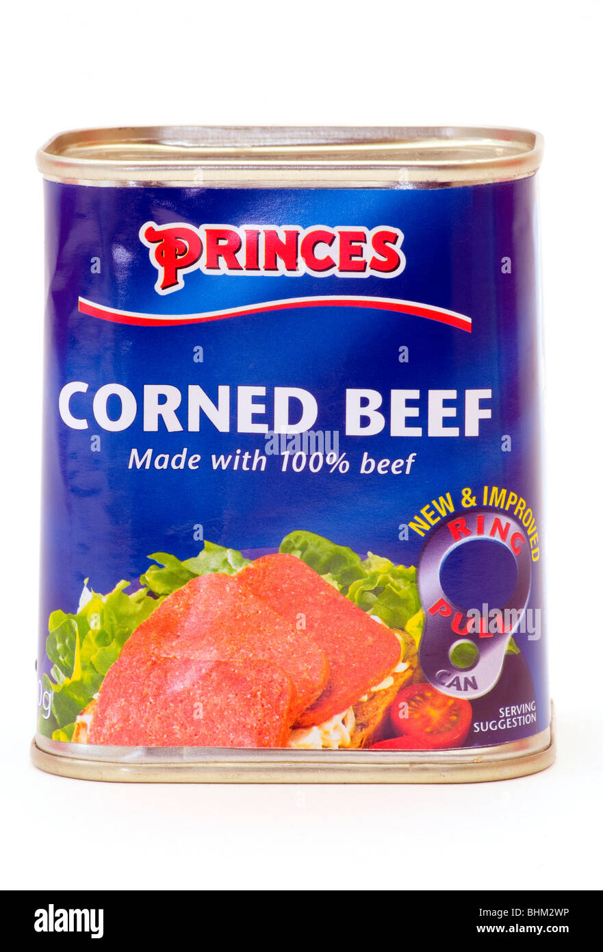 Boîte de corned-beef Princes isolé sur fond blanc Banque D'Images