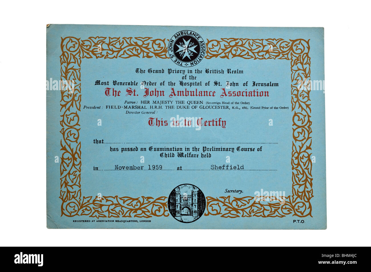 St John Ambulance Certificat de l'Association Novembre 1959 Banque D'Images