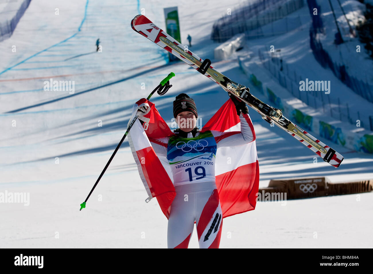 Andrea Fischbacher (AUT), médaille d'or dans le ski alpin féminin événement Super G aux Jeux Olympiques d'hiver de 2010 Banque D'Images