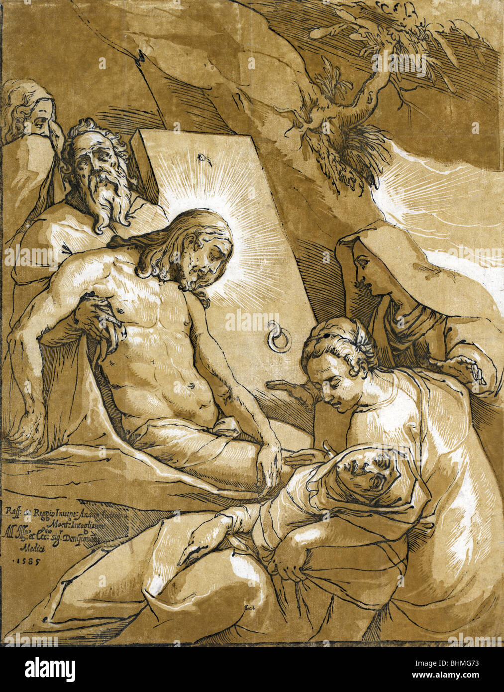 Impression xylographie historique publié en 1585 montrant la mise au tombeau de Jésus Christ. Banque D'Images