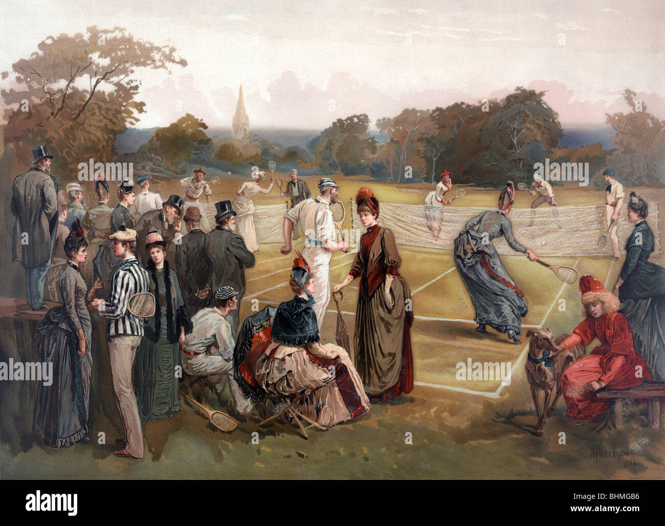 Couleur Vintage print c1887 représentant un début de match de tennis sur gazon dans les États-Unis d'Amérique. Banque D'Images