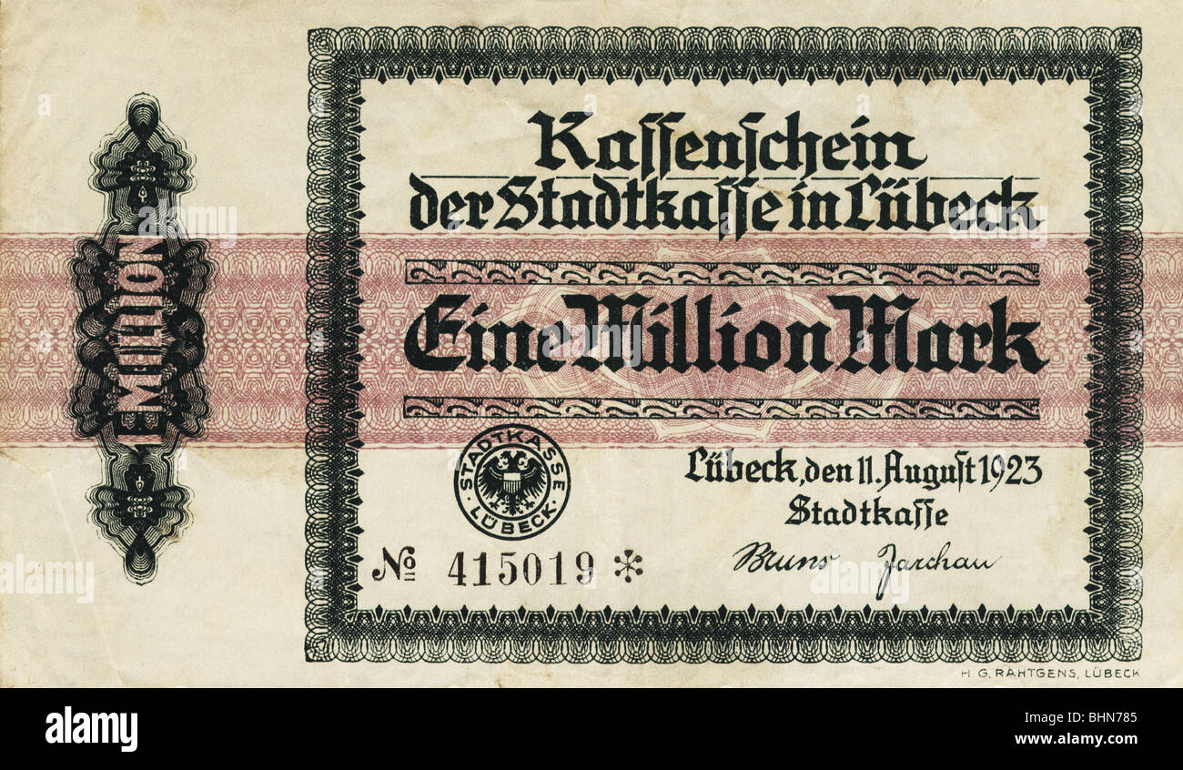 Argent / finance, argent inflation, billets de banque, Allemagne, 1 million Mark, Kassenschein der City Bank of Luebeck, 11.8.1923, Banque D'Images