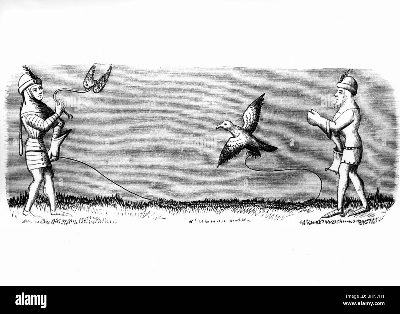 Chasse, fauconnerie, chasse au canard, après miniature de 'Livre du roy modus' du XIVe siècle, gravure en bois, XIXe siècle, Banque D'Images