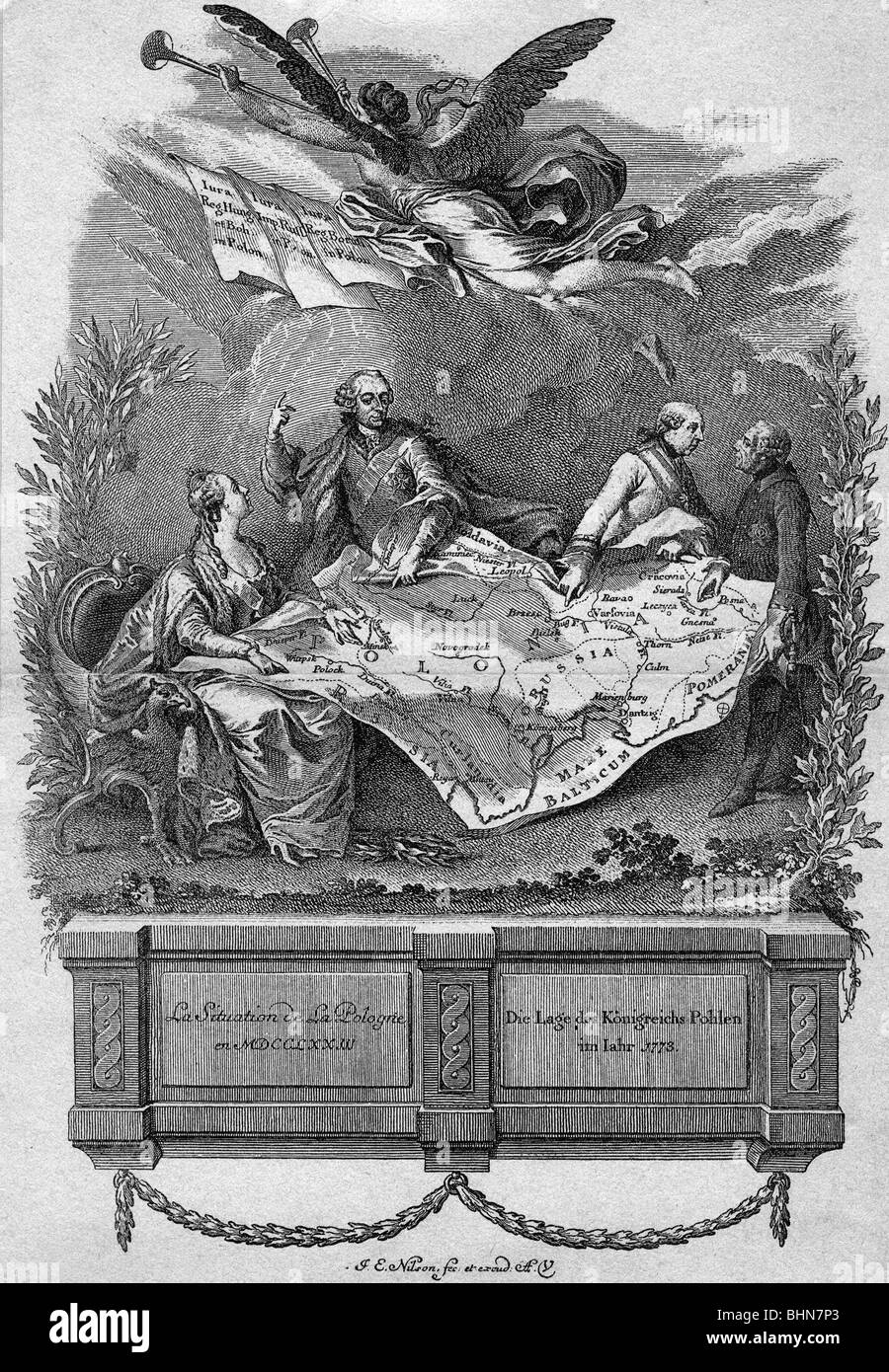 Géographie / voyages, Pologne, partitions, 1ère partition 1772, allégorie, gravure en cuivre par J. E. Nilson, 1773, Banque D'Images