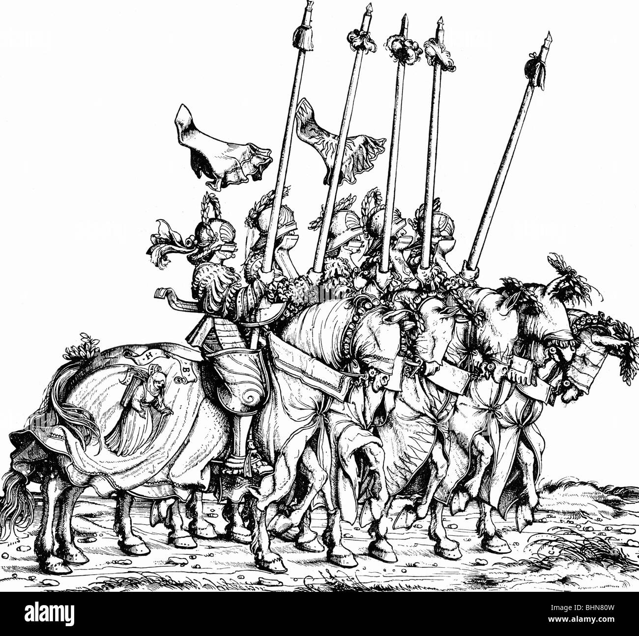 Les âges moyens, les chevaliers, le tournoi, la coupe du bois de la procession de Triumphal pour l'empereur Maximilian, 1516 - 1518, Banque D'Images