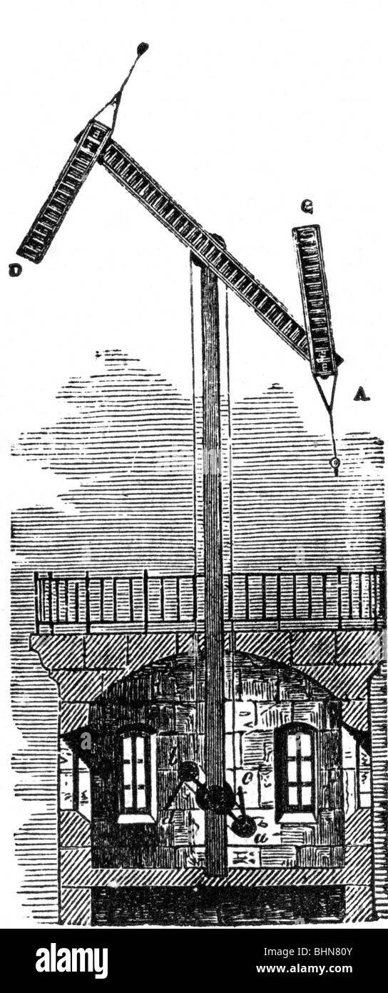 Chappe d'Auteroche, Claude, 1763 - 23.1.1805, inventeur français, son télégraphe optique, gravure sur bois, XIXe siècle, Banque D'Images