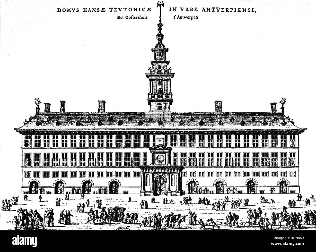 Géographie / voyages, Pays-Bas, Antwerpen, Maison de la Ligue allemande des Hanses, vue extérieure, gravure en cuivre, 1563, XVIe siècle, historique, bâtiment, bâtiments, architecture, commerce, Oostershuis, Brabandt, Brabant, Pays-Bas espagnol, ville hanséatique, Hanse Town, Hansa villes, Hansa villes, Hanse Town depuis 1231, renatic Town, Anvers, Europe centrale, Anvers, Chine Banque D'Images